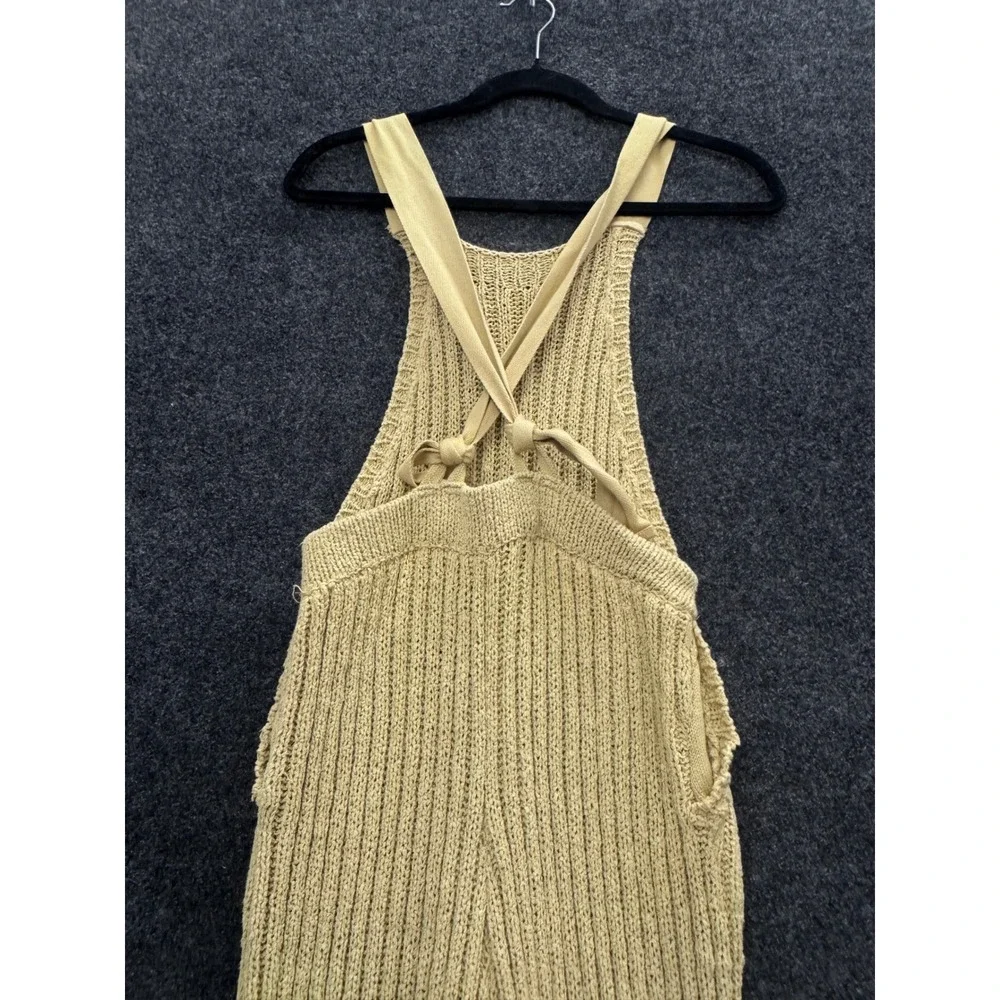 Free People Beach Knit Ribbed Overalls Tan Beige XS Wide Leg Tie Back Jumpsuit